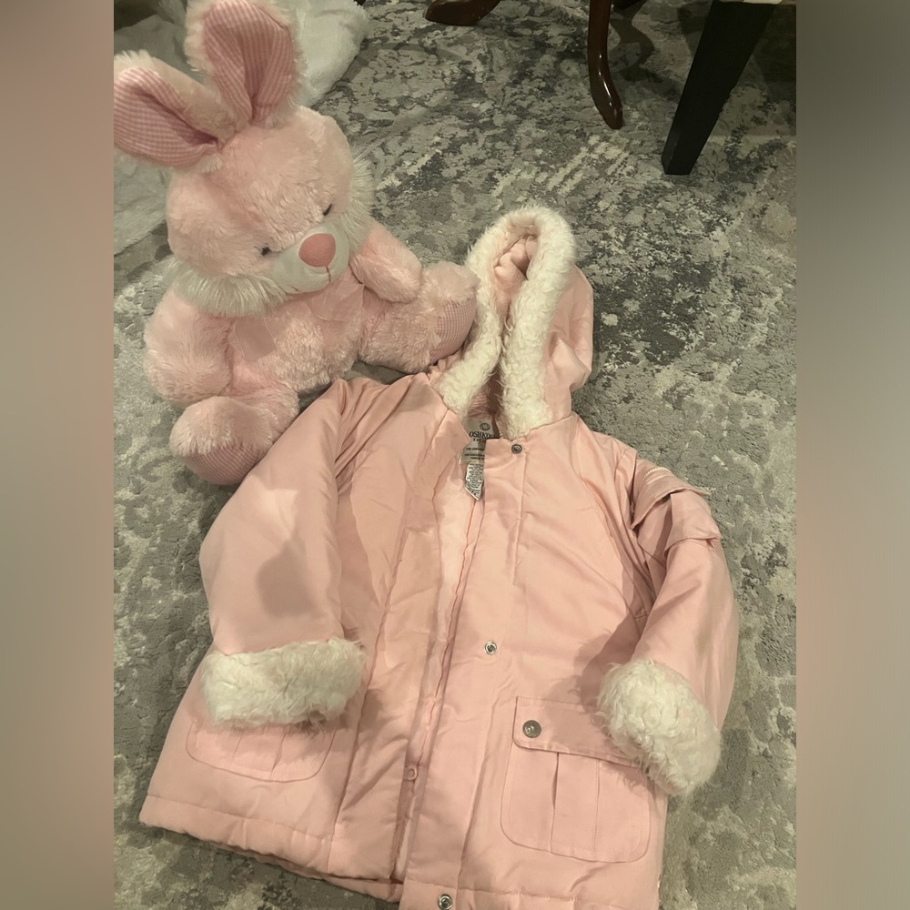 Pink Hooded Coat with Faux Fur Trim and plush bunny rabbit -M/5-6 kids